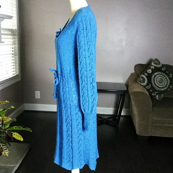 Vintage Blue Crochet Knit Dress with Tie Waist – Size 14 - Picture 9 of 11